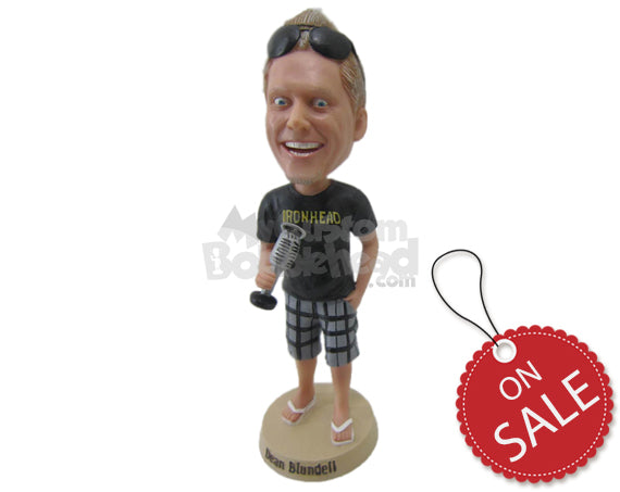 Custom Bobblehead Excited Gentleman In Funky Shorts With A Mic In Hand - Leisure & Casual Casual Males Personalized Bobblehead & Cake Topper Custom Bobblehead Excited Gentleman In Funky Shorts With A Mic In Hand - Leisure & Casual Casual Males Personalized Bobblehead & Cake Topper